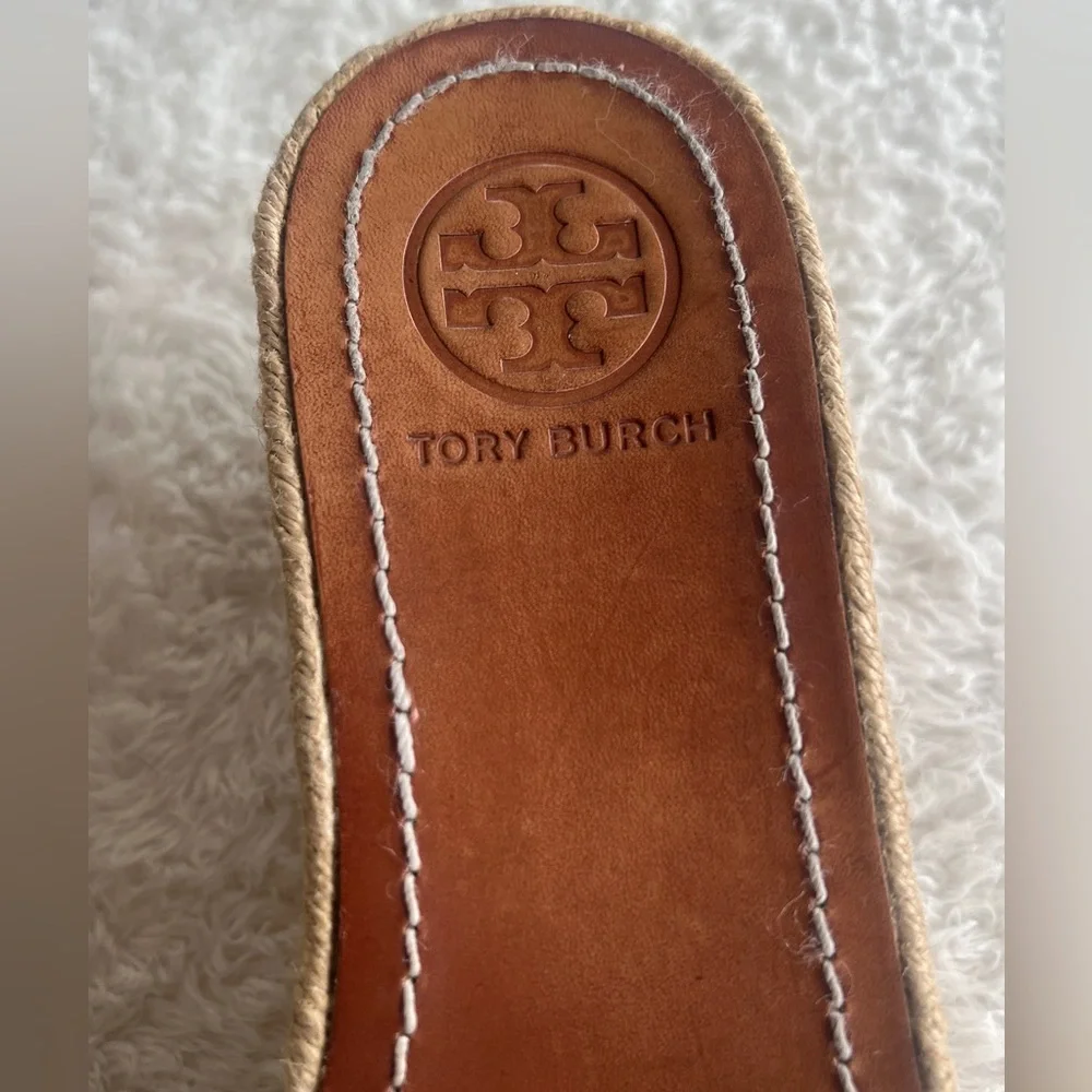 Tory Burch Sz 9 White Leather Logo Espadrille Wedge Platform Sandals Slide